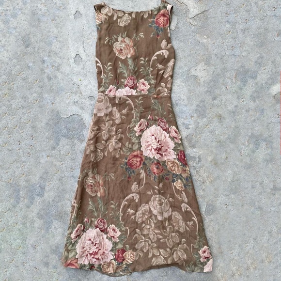 Vintage 1990's Ralph Lauren Brown Silk Floral Crepe Wrap Dress - Picture 2 of 5